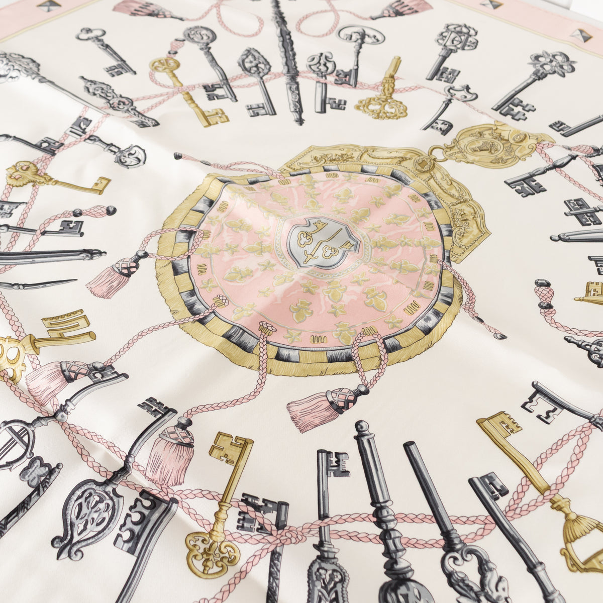 Hermes Les Cles Silk  Pink, Yellow, Black & Cream Scarf