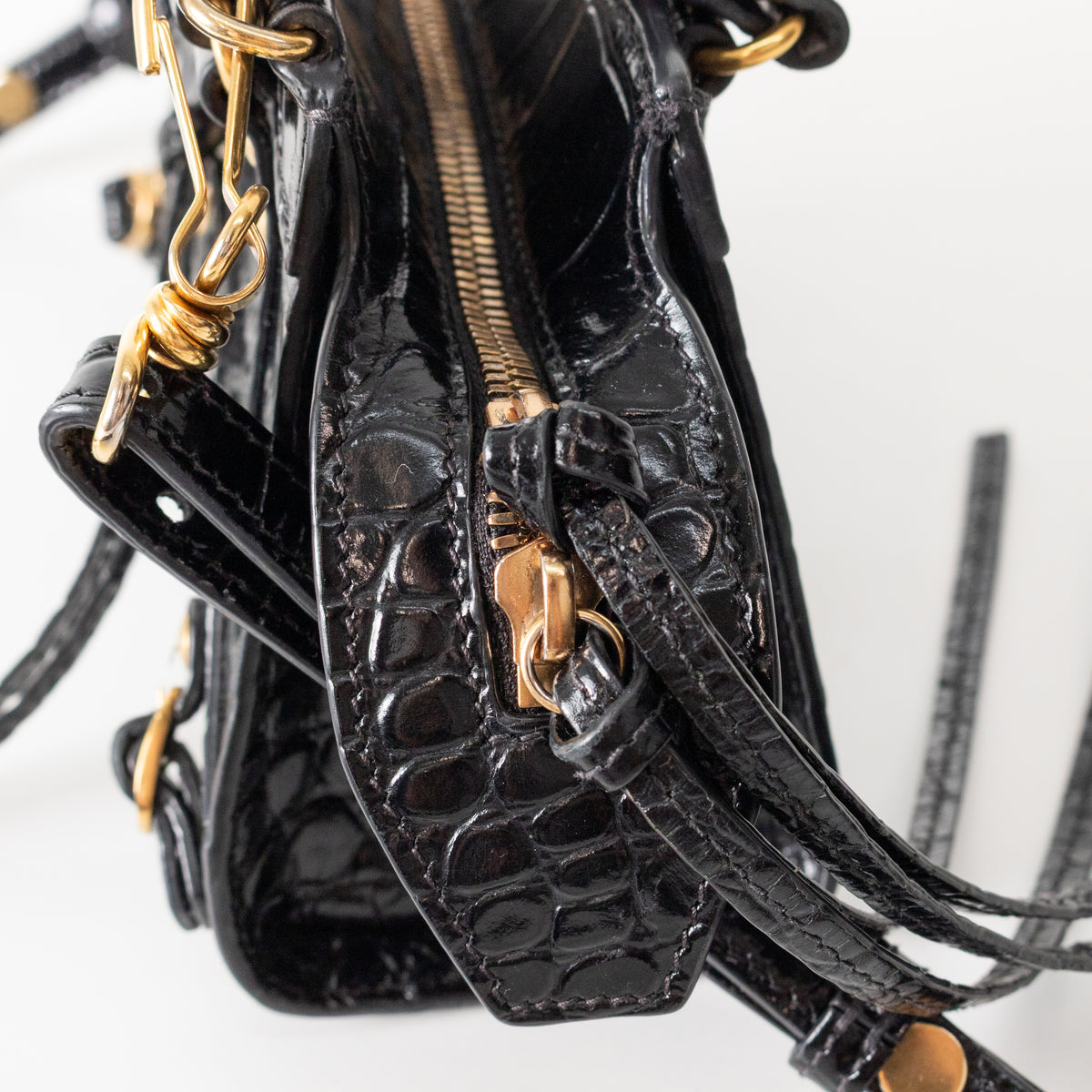 Balenciaga Black Croc Embossed Leather Nano Neo Cagole City Bag