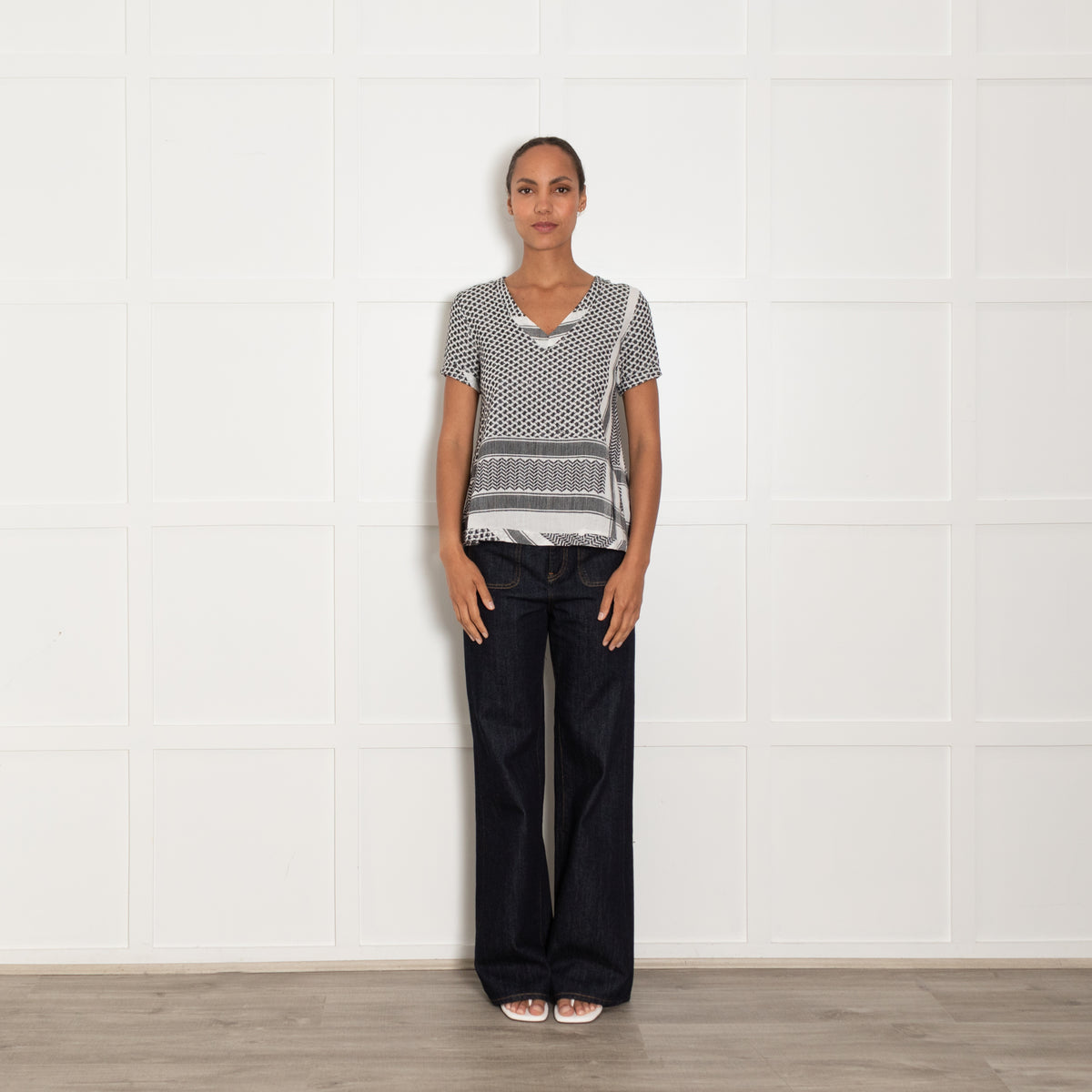 Cecilie Copenhagen White And Black Patterned V Neck Blouse