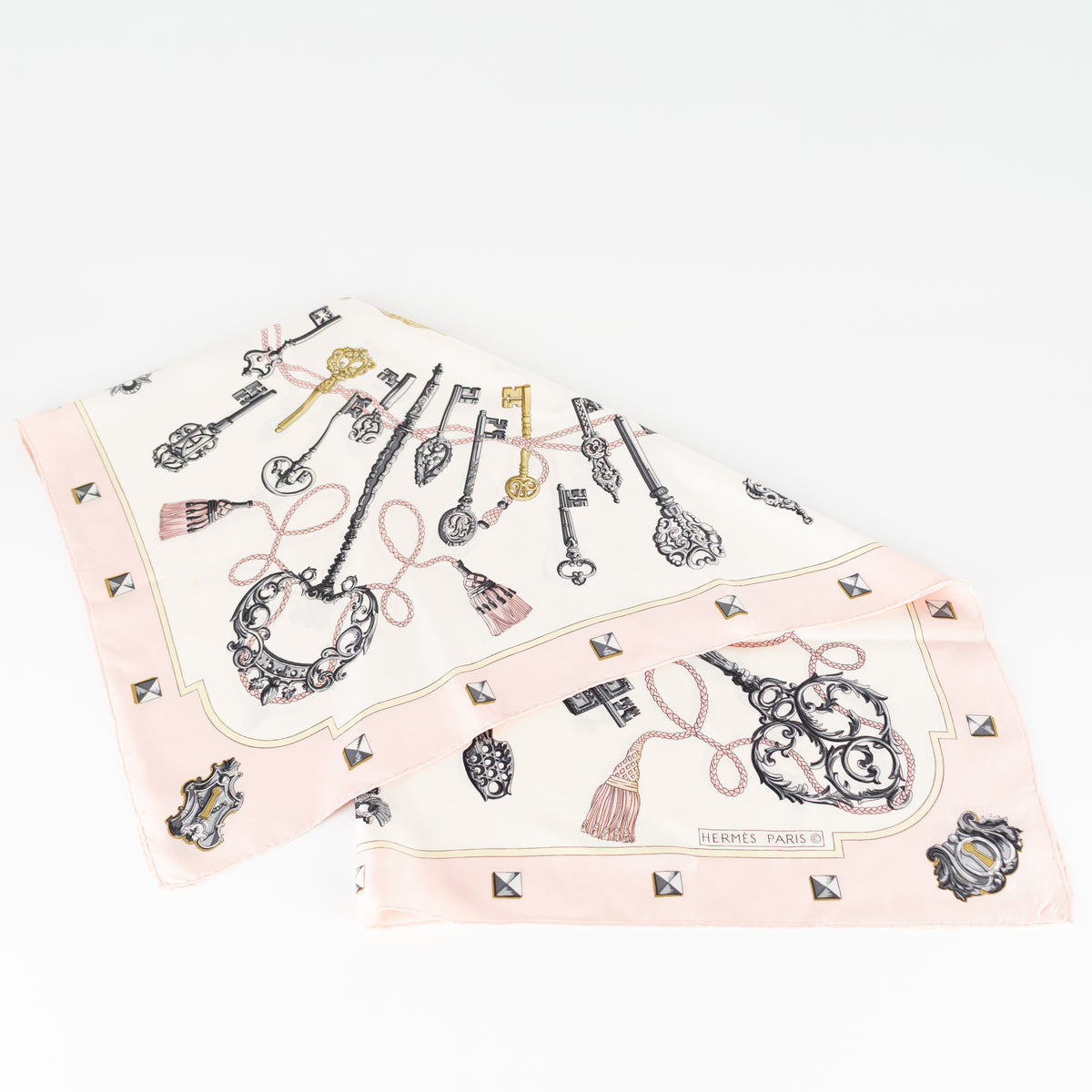 Hermes Les Cles Silk  Pink, Yellow, Black & Cream Scarf