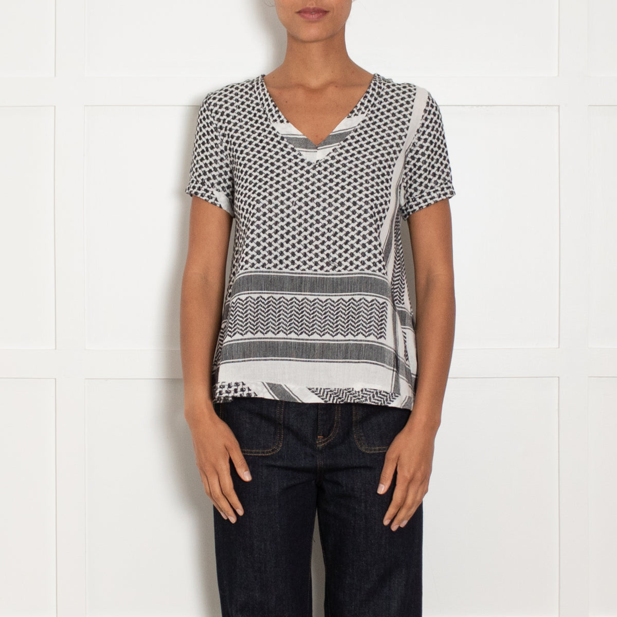 Cecilie Copenhagen White And Black Patterned V Neck Blouse
