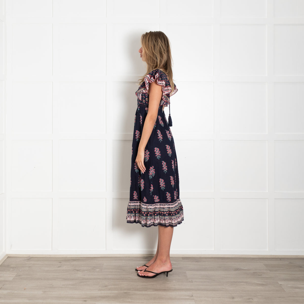 MABE Blue Cotton With Pink Flowers Dress With Frill Hem