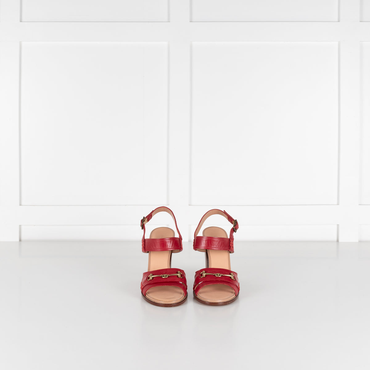 Céline Red Leather & Wood Strappy Horsebit Block Heels