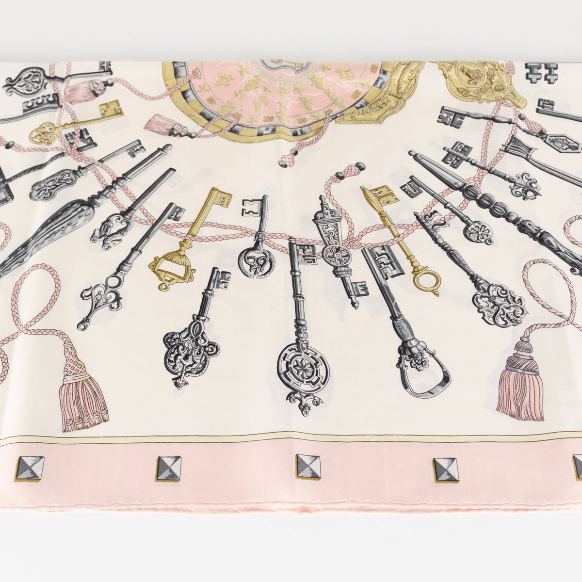 Hermes Les Cles Silk  Pink, Yellow, Black & Cream Scarf