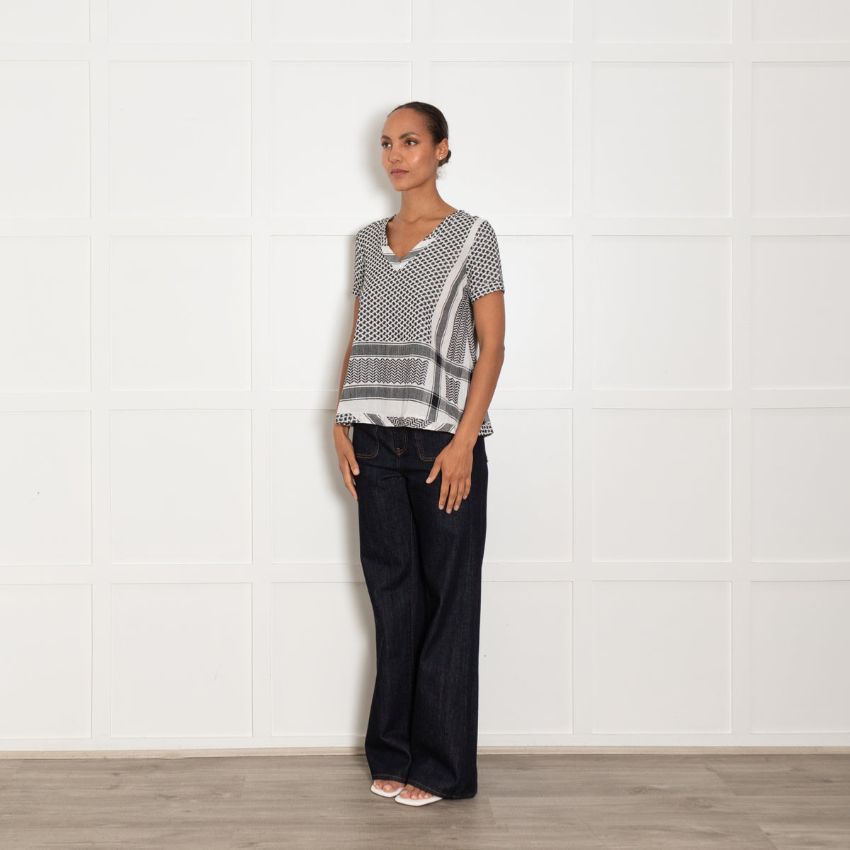 Cecilie Copenhagen White And Black Patterned V Neck Blouse