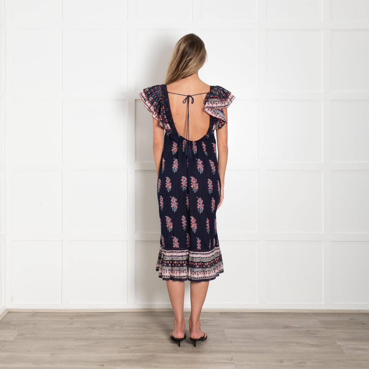 MABE Blue Cotton With Pink Flowers Dress With Frill Hem