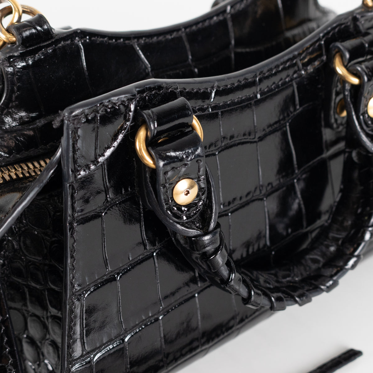 Balenciaga Black Croc Embossed Leather Nano Neo Cagole City Bag