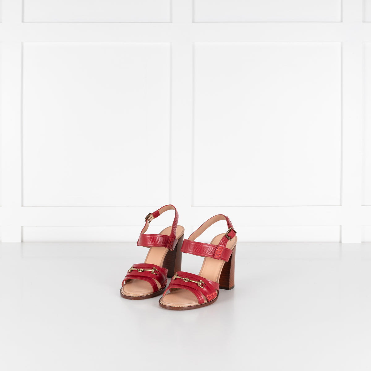 Céline Red Leather & Wood Strappy Horsebit Block Heels