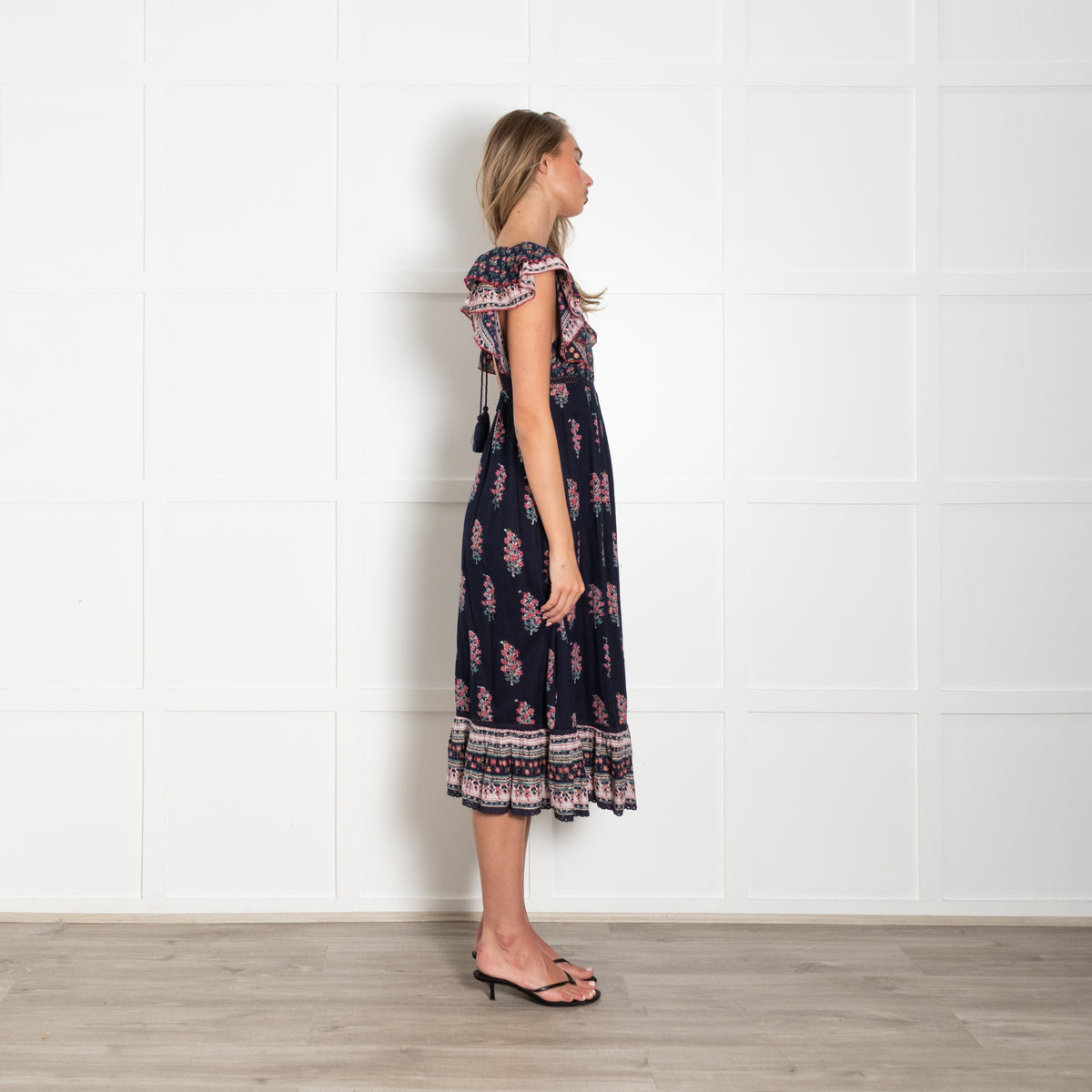 MABE Blue Cotton With Pink Flowers Dress With Frill Hem