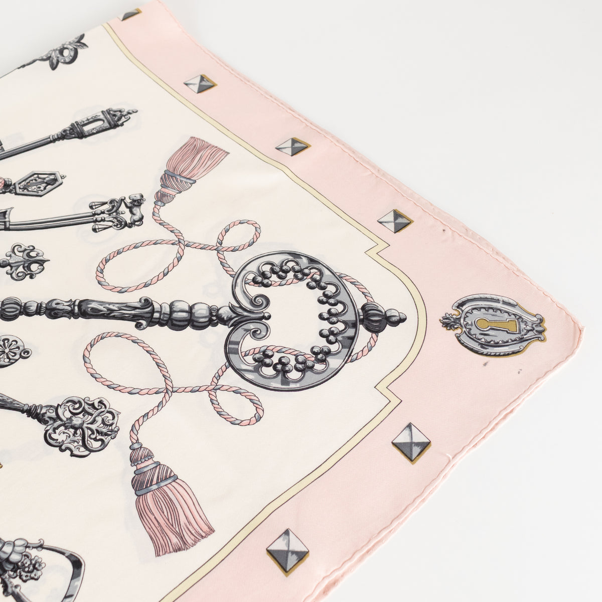 Hermes Les Cles Silk  Pink, Yellow, Black & Cream Scarf