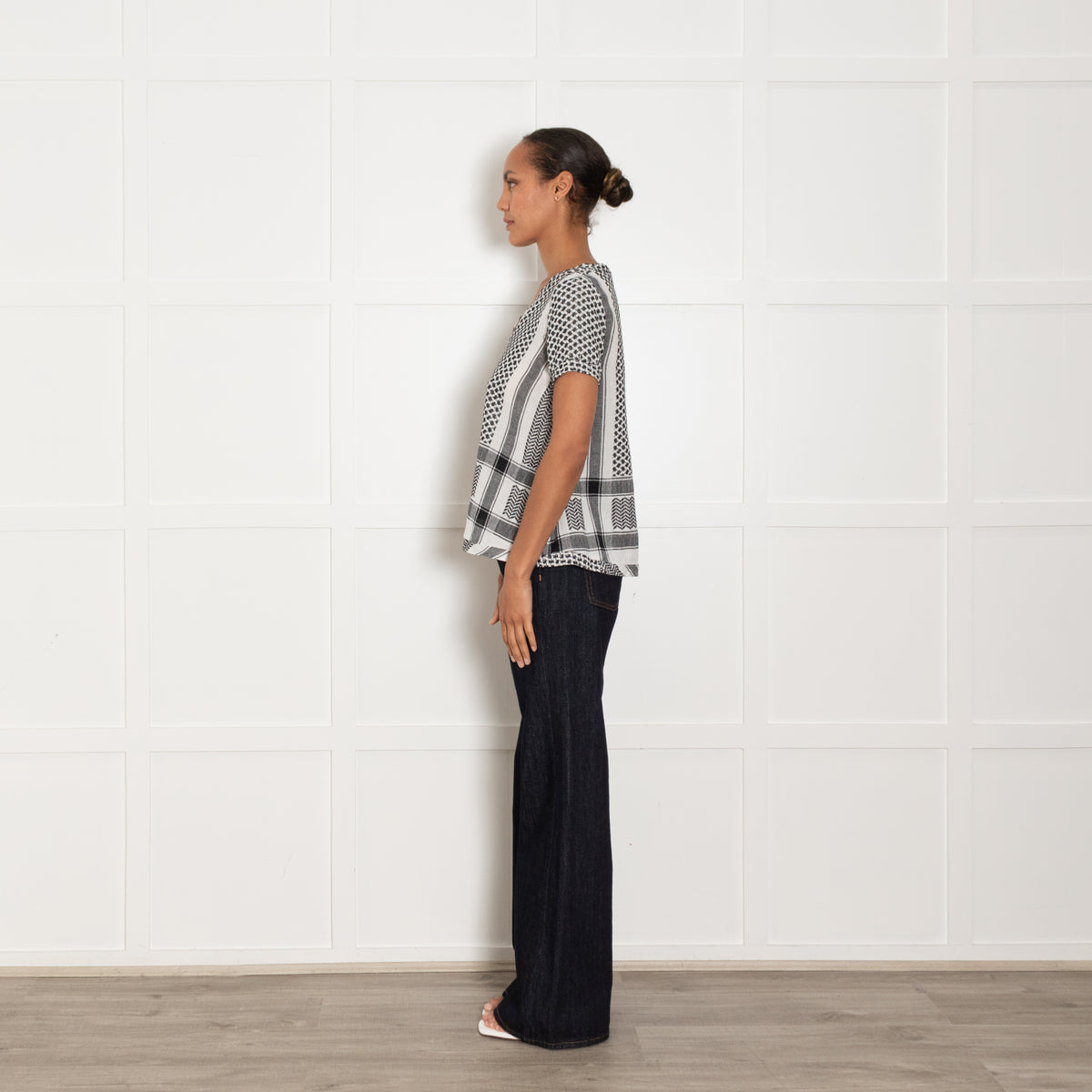 Cecilie Copenhagen White And Black Patterned V Neck Blouse