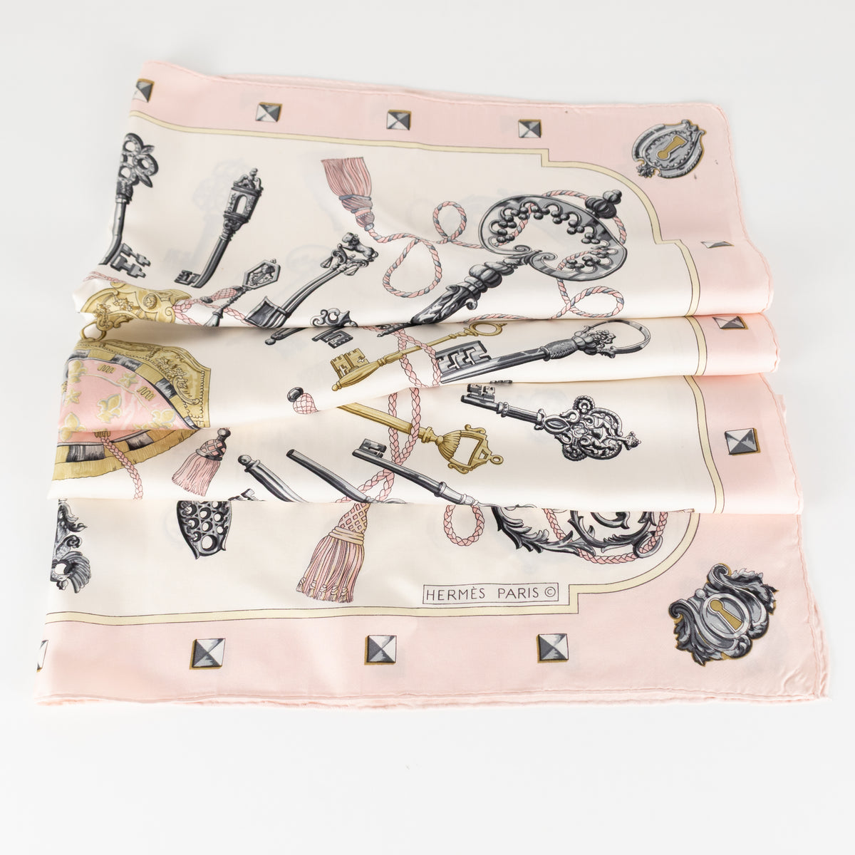 Hermes Les Cles Silk  Pink, Yellow, Black & Cream Scarf