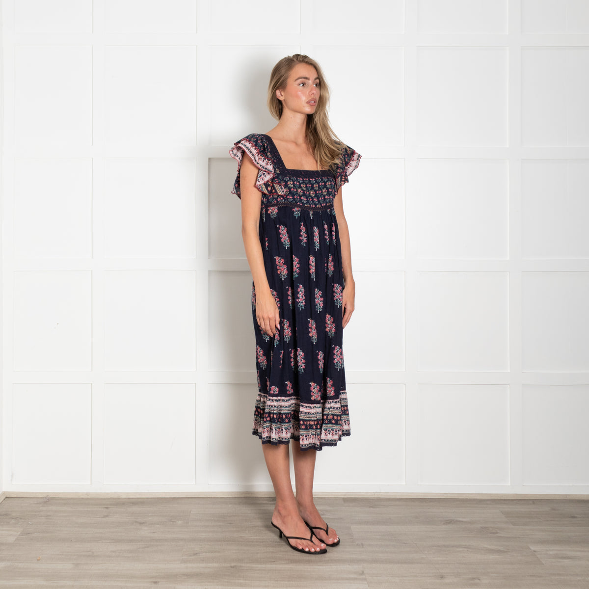 MABE Blue Cotton With Pink Flowers Dress With Frill Hem