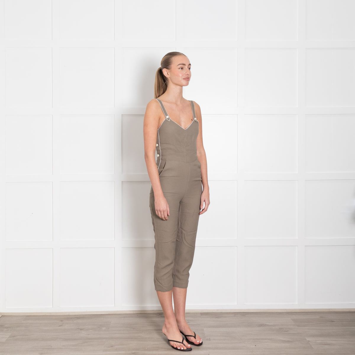 Rag & Bone Khaki Green White Trim Cropped Leg Jumpsuit