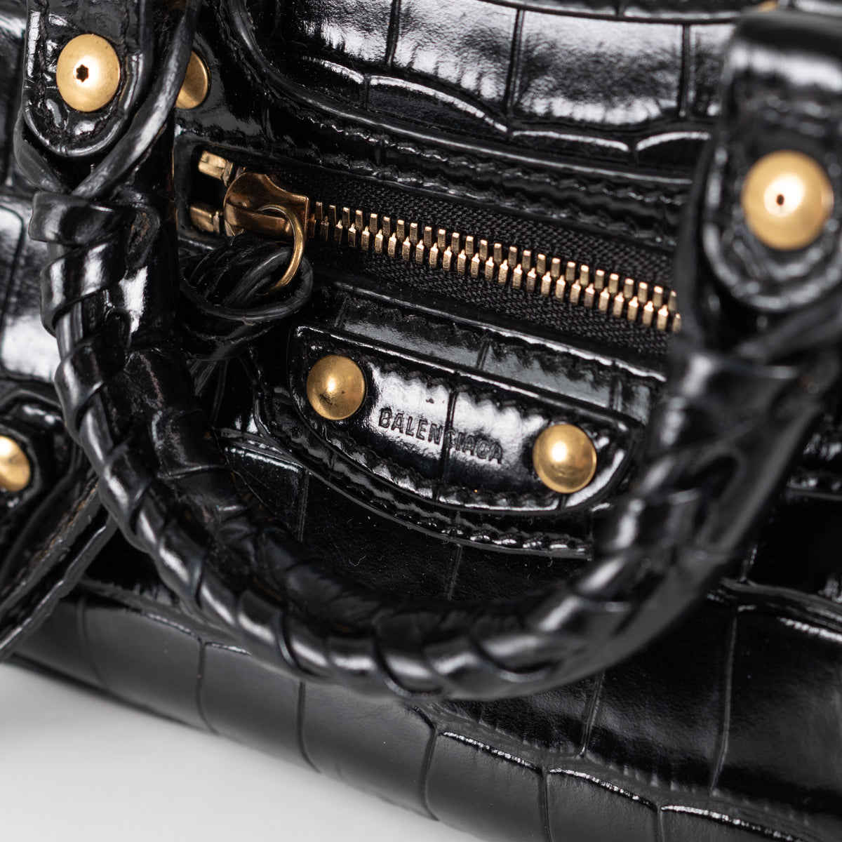 Balenciaga Black Croc Embossed Leather Nano Neo Cagole City Bag