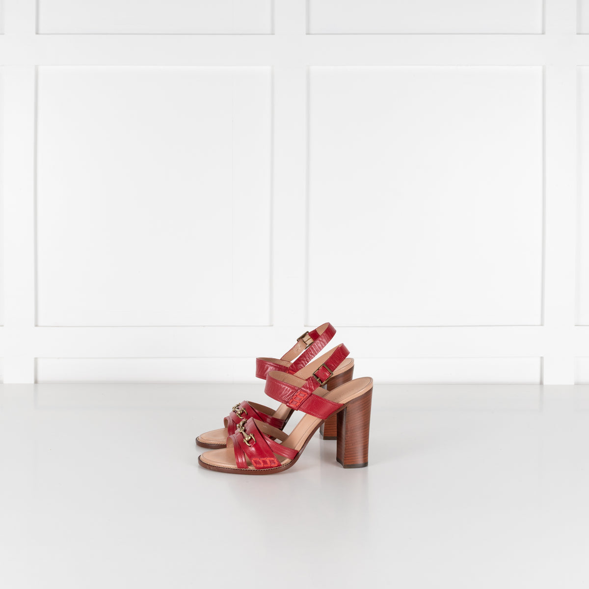 Céline Red Leather & Wood Strappy Horsebit Block Heels