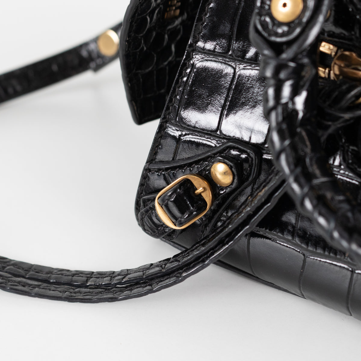 Balenciaga Black Croc Embossed Leather Nano Neo Cagole City Bag