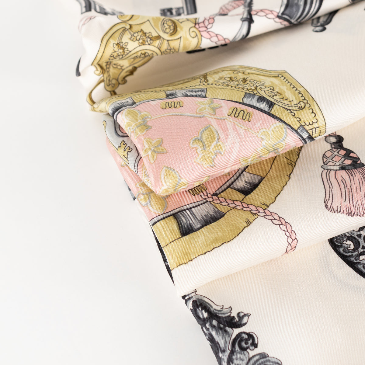 Hermes Les Cles Silk  Pink, Yellow, Black & Cream Scarf