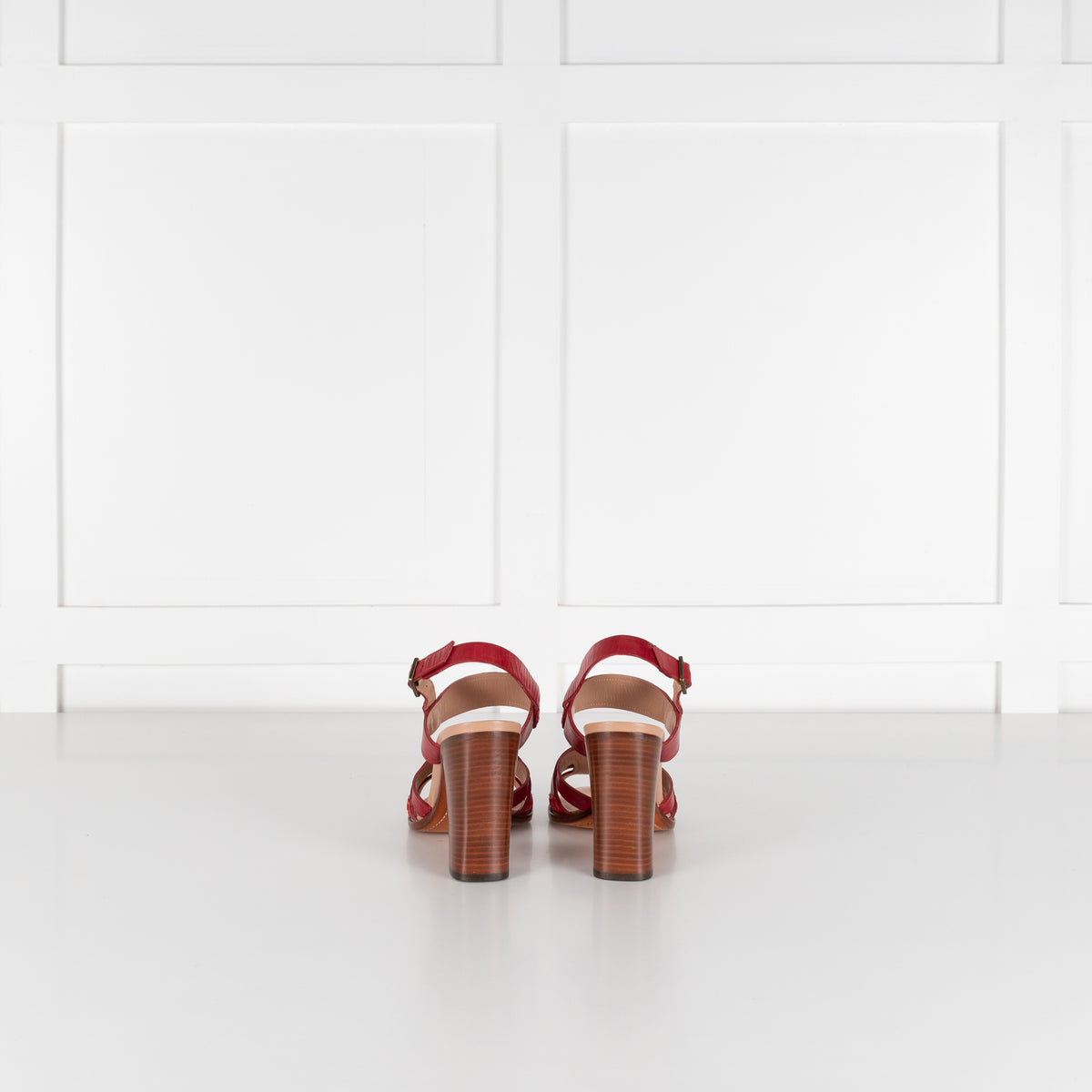 Céline Red Leather & Wood Strappy Horsebit Block Heels