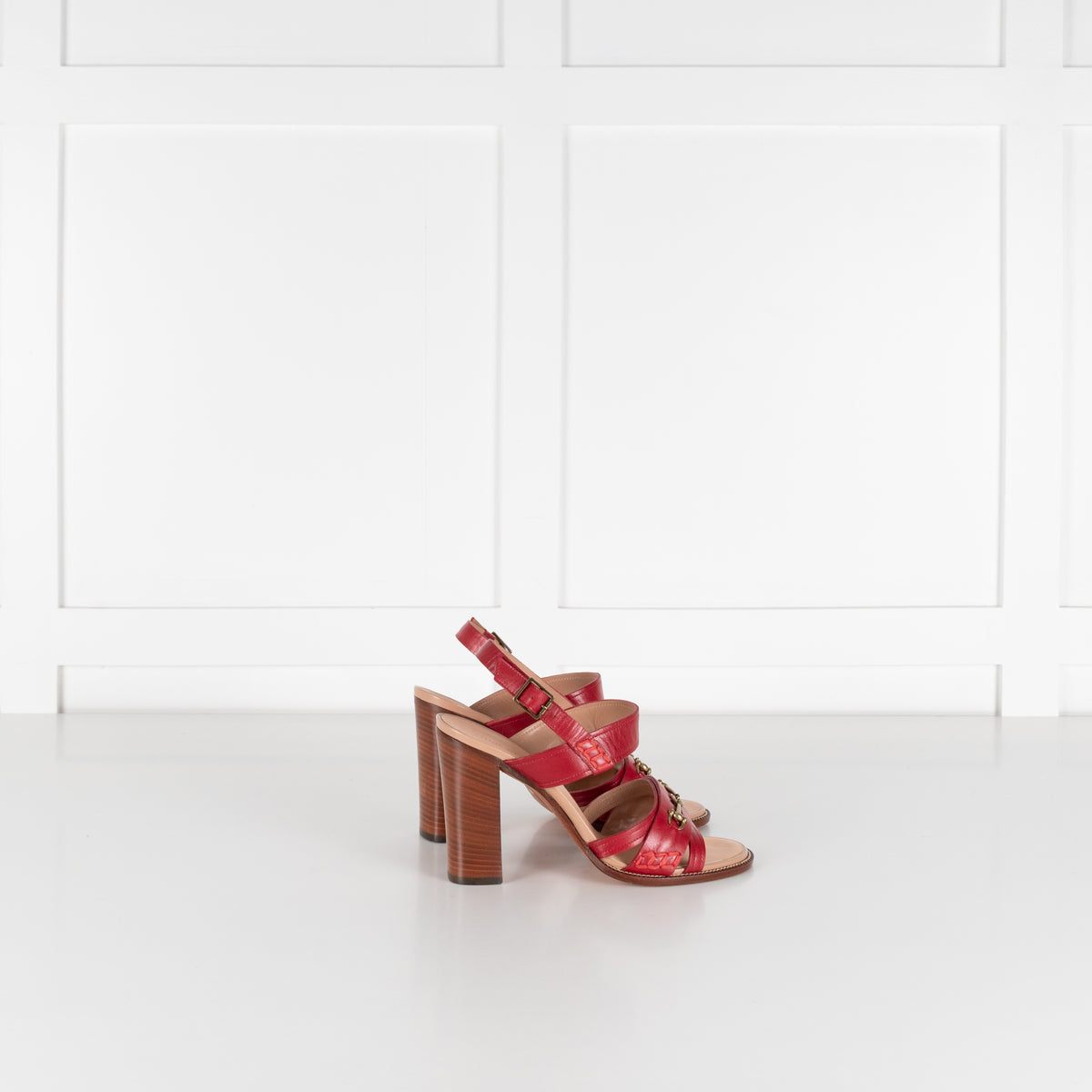 Céline Red Leather & Wood Strappy Horsebit Block Heels