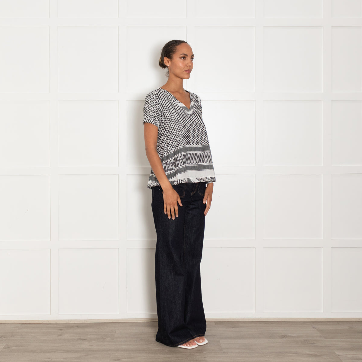 Cecilie Copenhagen White And Black Patterned V Neck Blouse