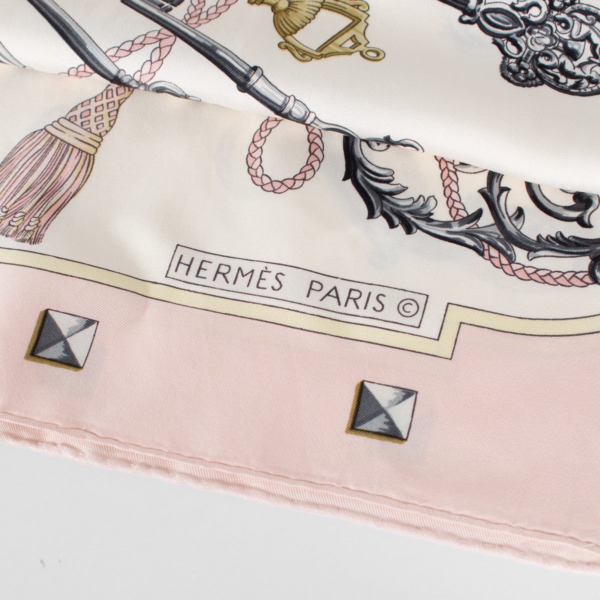 Hermes Les Cles Silk  Pink, Yellow, Black & Cream Scarf