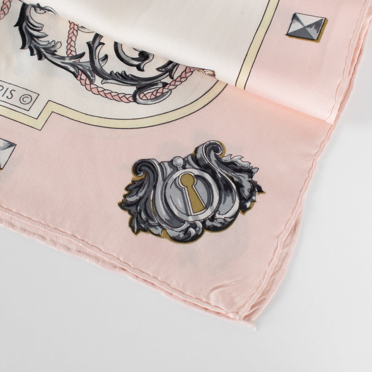 Hermes Les Cles Silk  Pink, Yellow, Black & Cream Scarf
