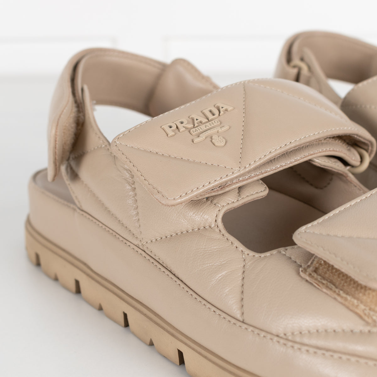 Prada Beige Monolith Quilted Leather Sandals With Chunky Sole