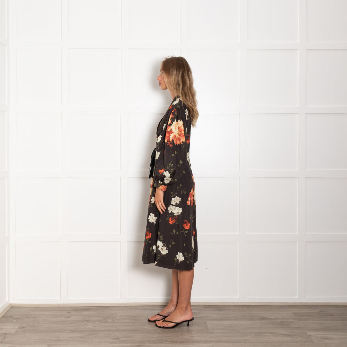 Erdem Black Red White Floral Belted Long Sleeve Dres