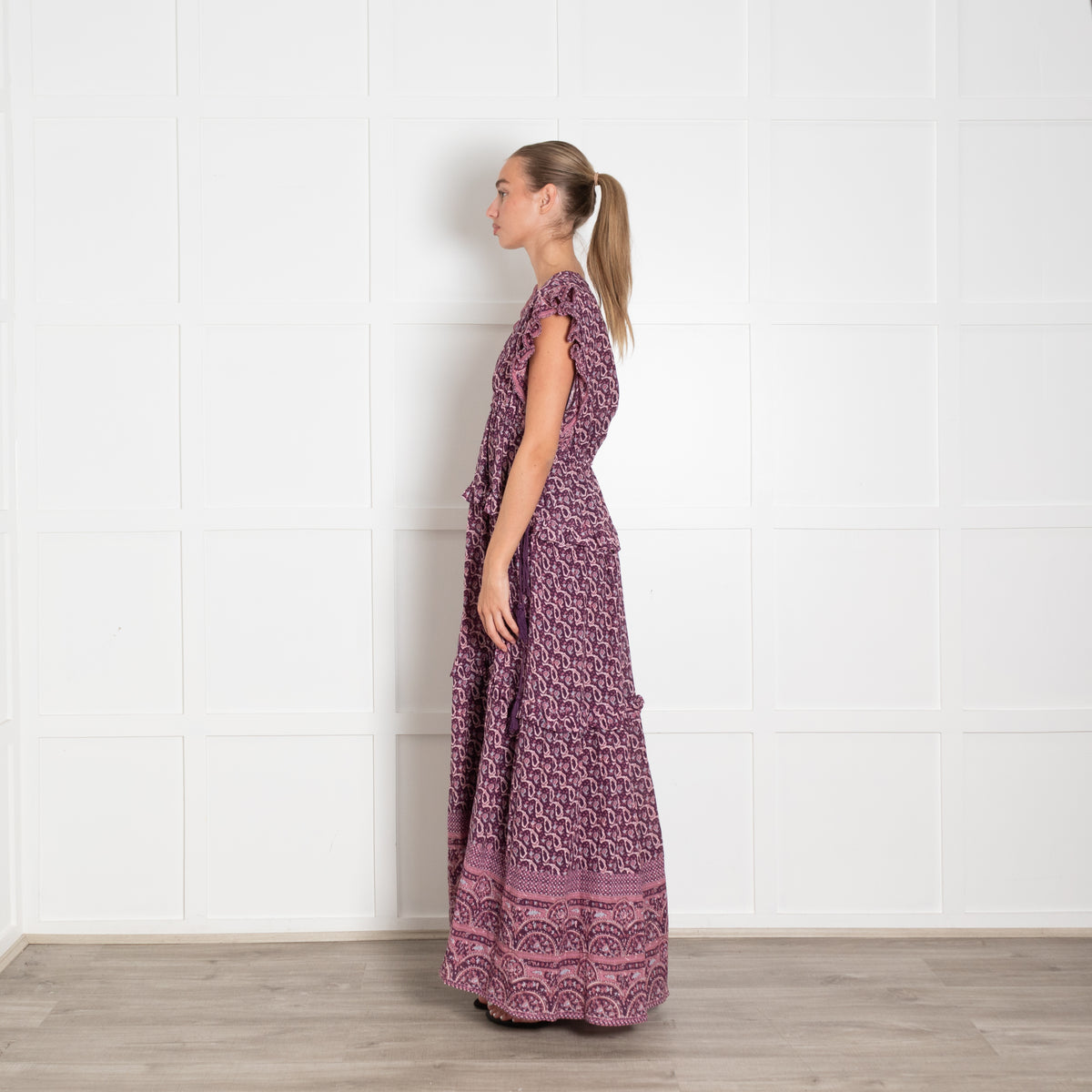 M.A.B.E Purple Cream Paisley Print Frill Detail Maxi Linen Dress