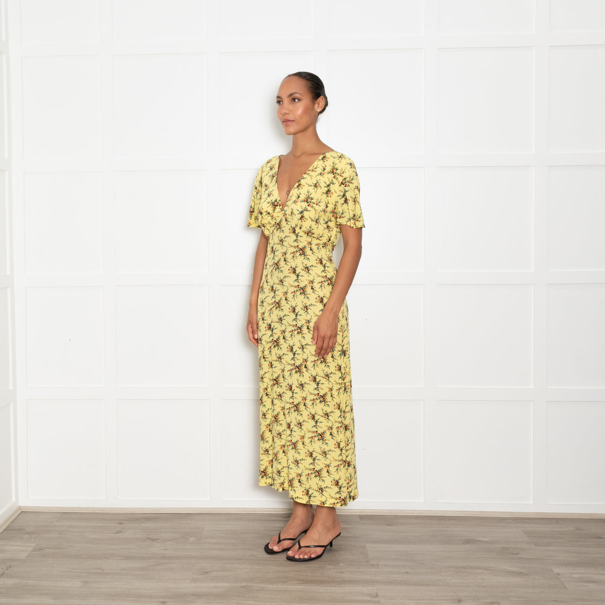 Sandro Yellow Floral Tea Dress with Cap Sleeves