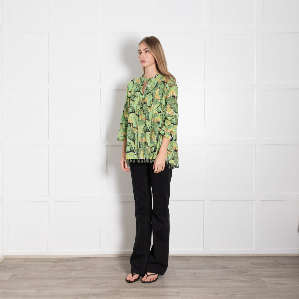 Rose & Rose Green Cotton Leaf Print Top with Gold Embellisment