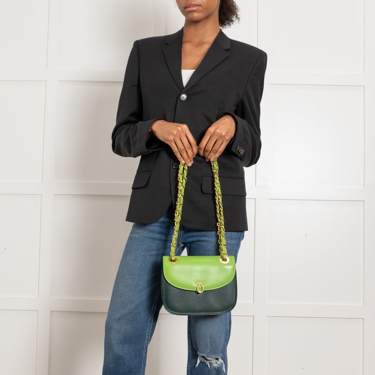 Launer London Forest Green Lime Green Gold Hardware Judi Bag