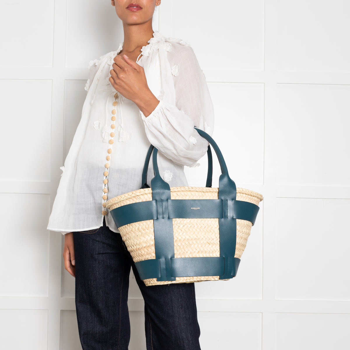 DeMellier Santorini Basket with Green Leather