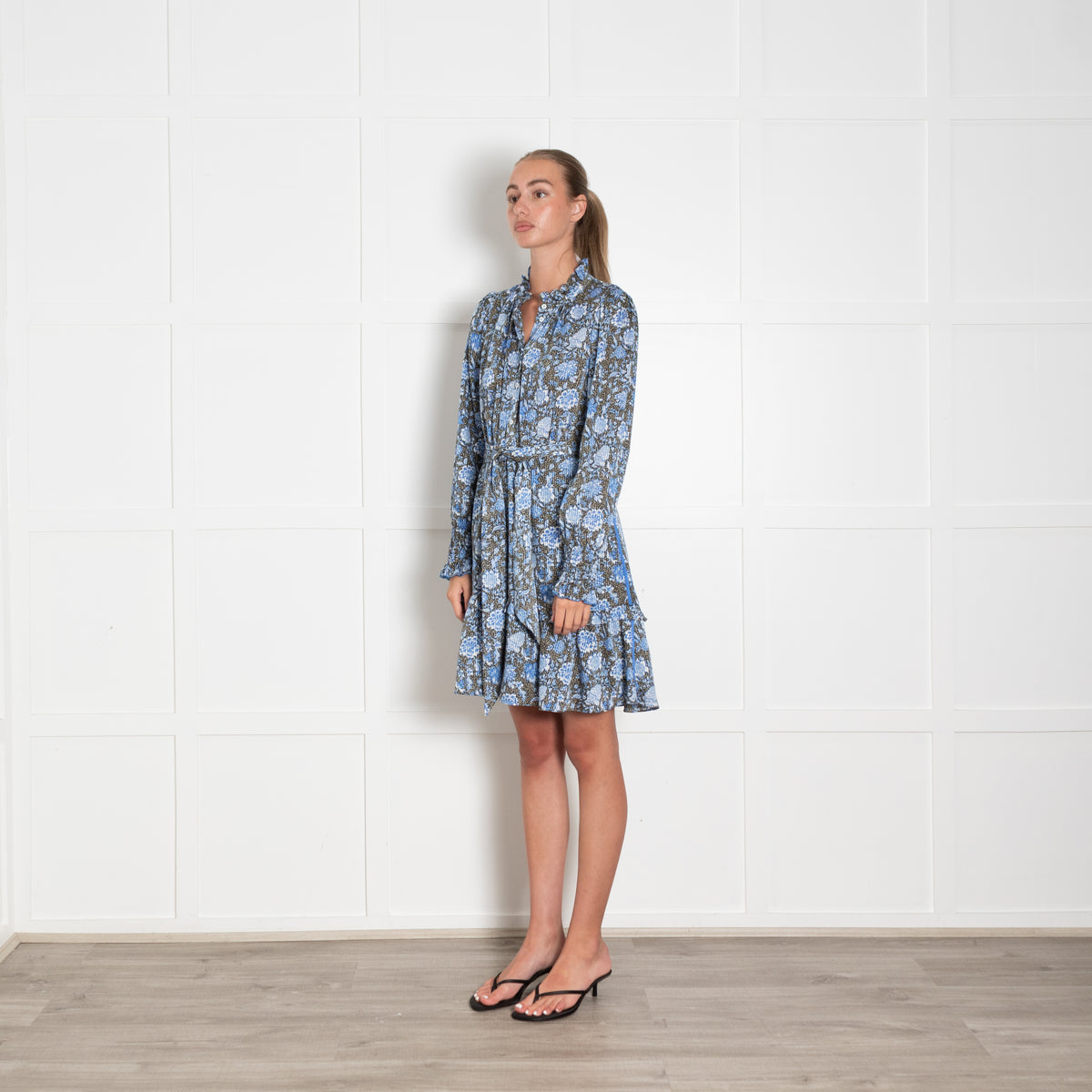 Me + Em Khaki Blue White Floral Frill Detail Mini Dress