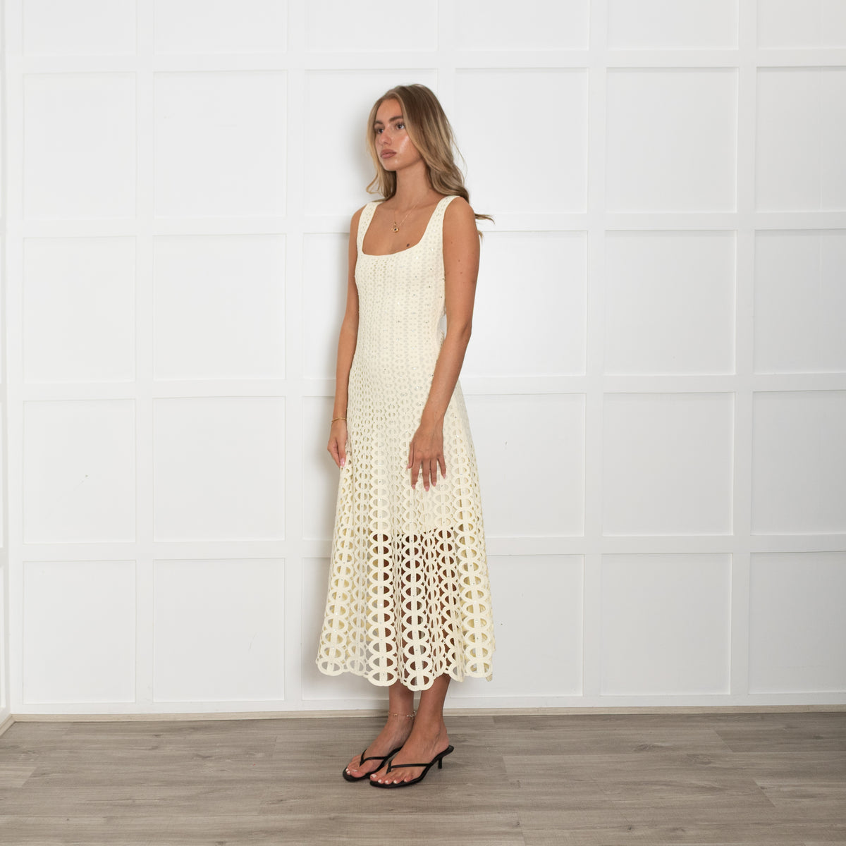 Maje Butter Yellow Crochet Crystal Midi Dress