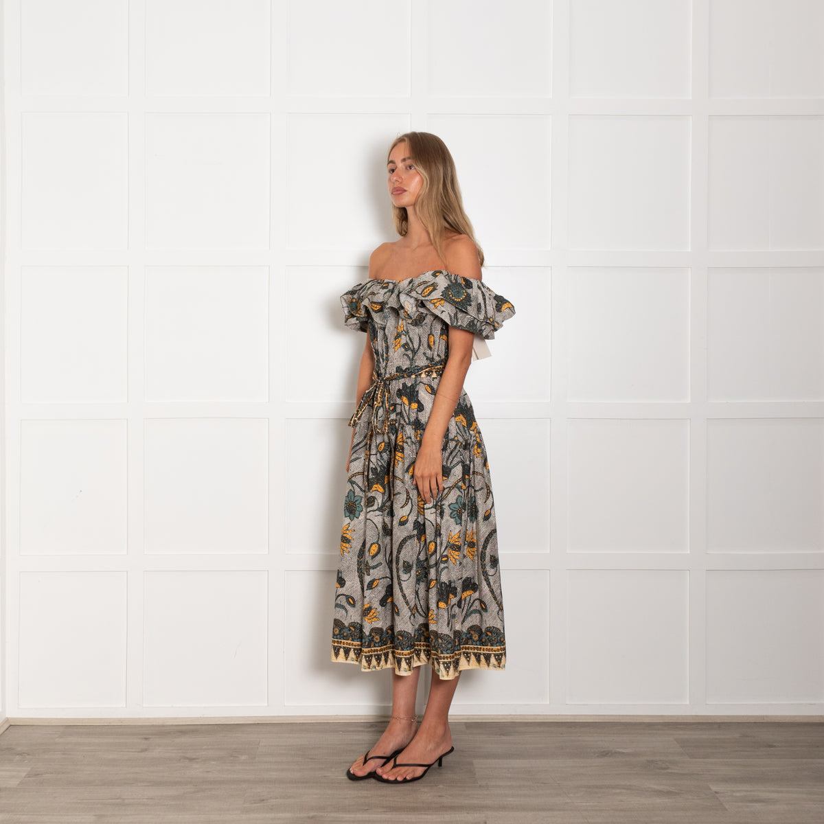 Ulla Johnson White Green Yellow Floral Off The Shoulder Ruffle Dress