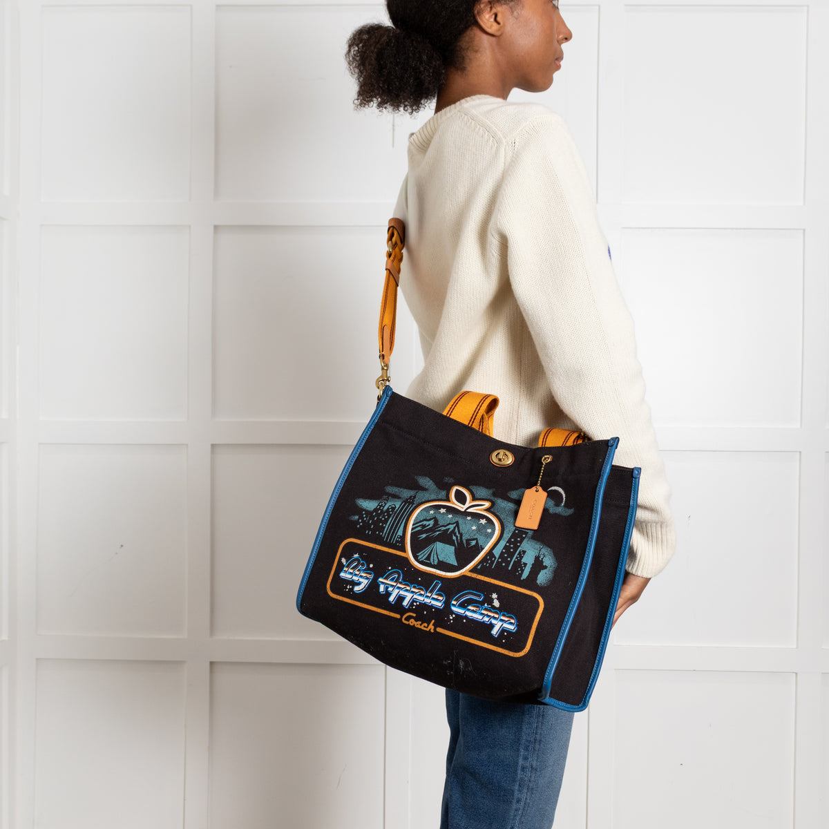 Coach Black Blue Big Apple Camp Print Canvas Tote Bag