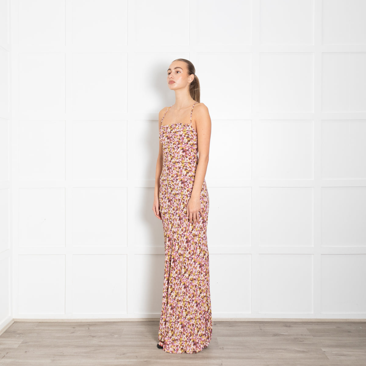 Faithfull The Brand Pink Brown Yellow Floral Maxi Dress With Lace Up Back