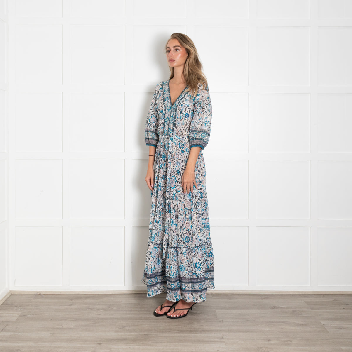 Poupette St Barth White Blue Floral Gold Lurex Stripe Maxi Dress