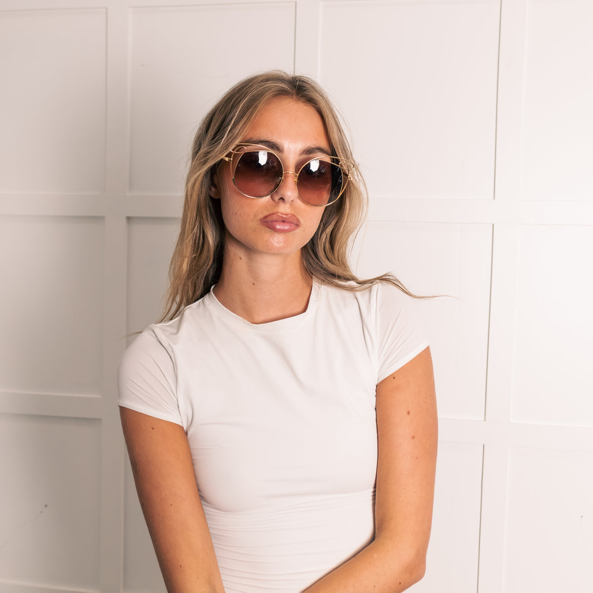 Linda Farrow Gold Titanium Cateye Sunglasses with Brown Lenses