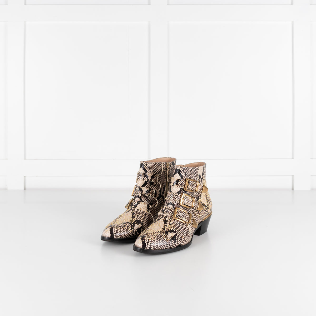 Chloe Beige Black Animal Print Leather Gold Stud Suzanna Ankle Boots