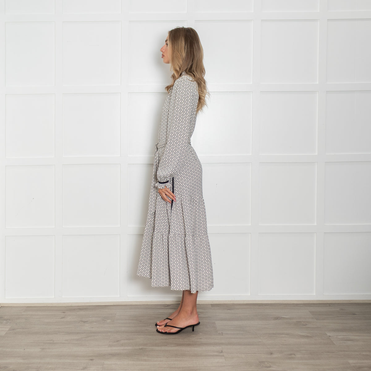 Me + Em Geometric Green and White Maxi Dress with Tie