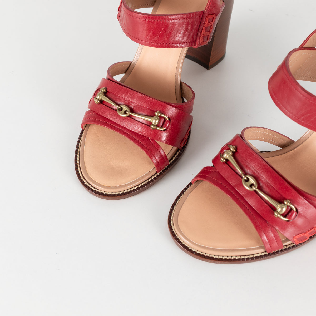 Céline Red Leather & Wood Strappy Horsebit Block Heels