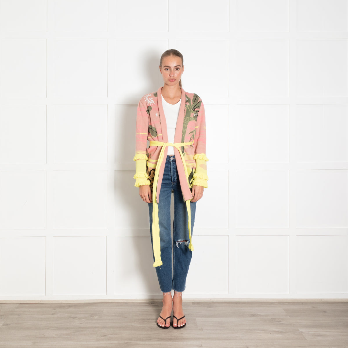 Hayley Menzies Green Pink and Yellow Leaf Print Cardigan