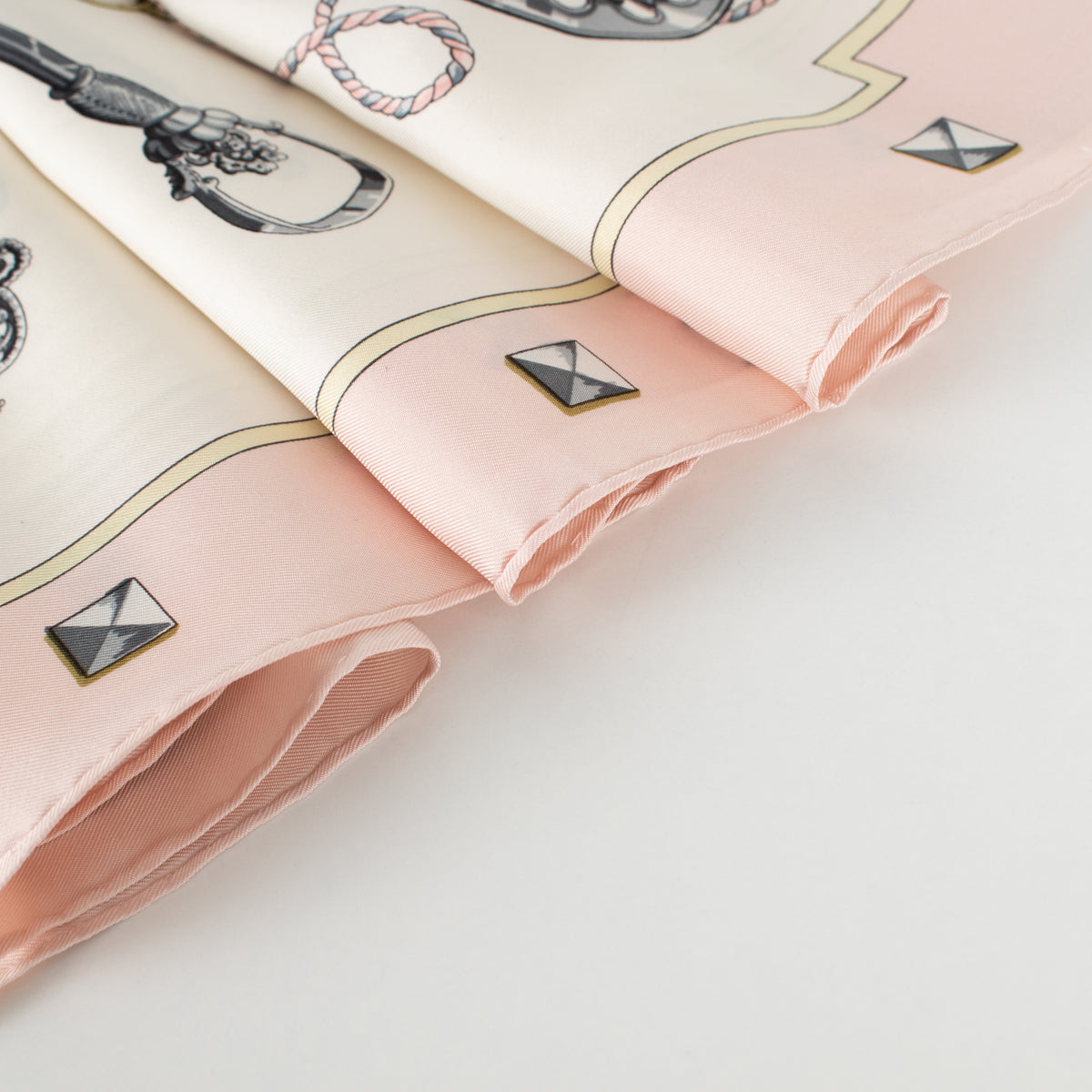 Hermes Les Cles Silk  Pink, Yellow, Black & Cream Scarf