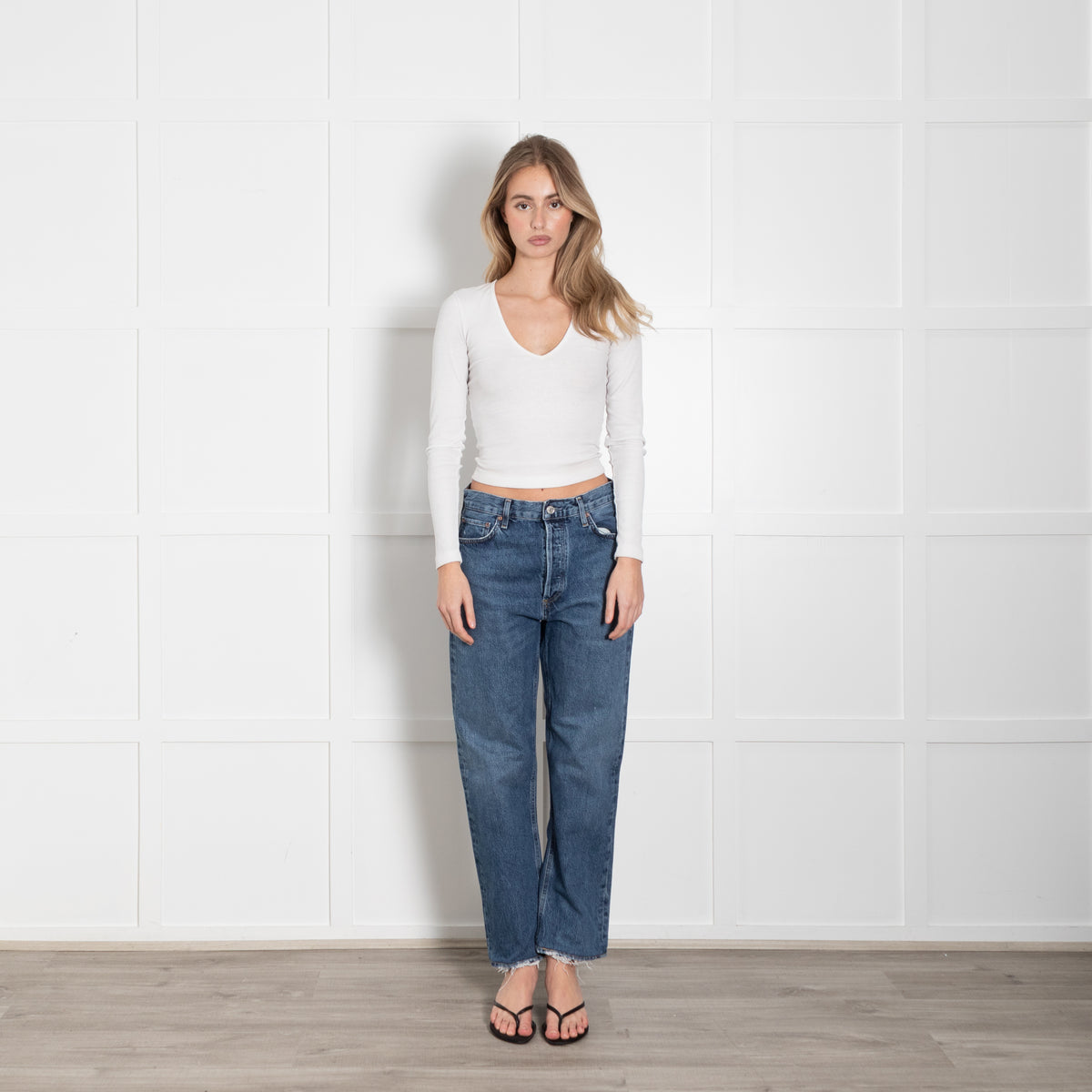 Agolde Blue Denim Distressed Straight Leg Jeans