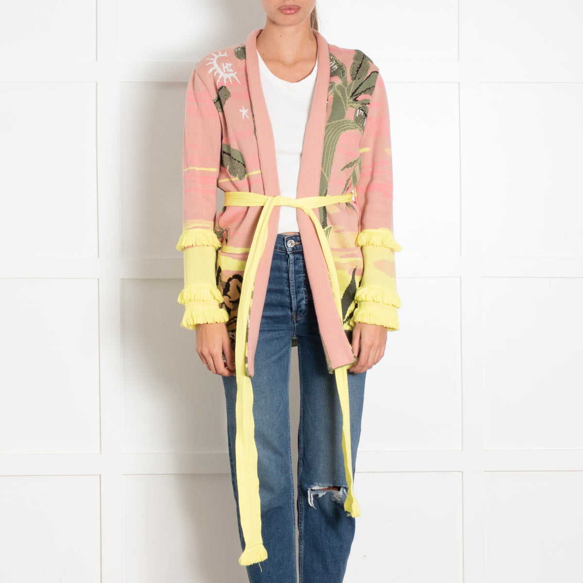 Hayley Menzies Green Pink and Yellow Leaf Print Cardigan