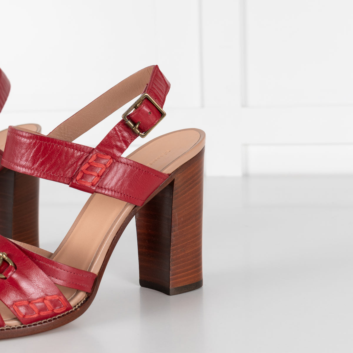 Céline Red Leather & Wood Strappy Horsebit Block Heels
