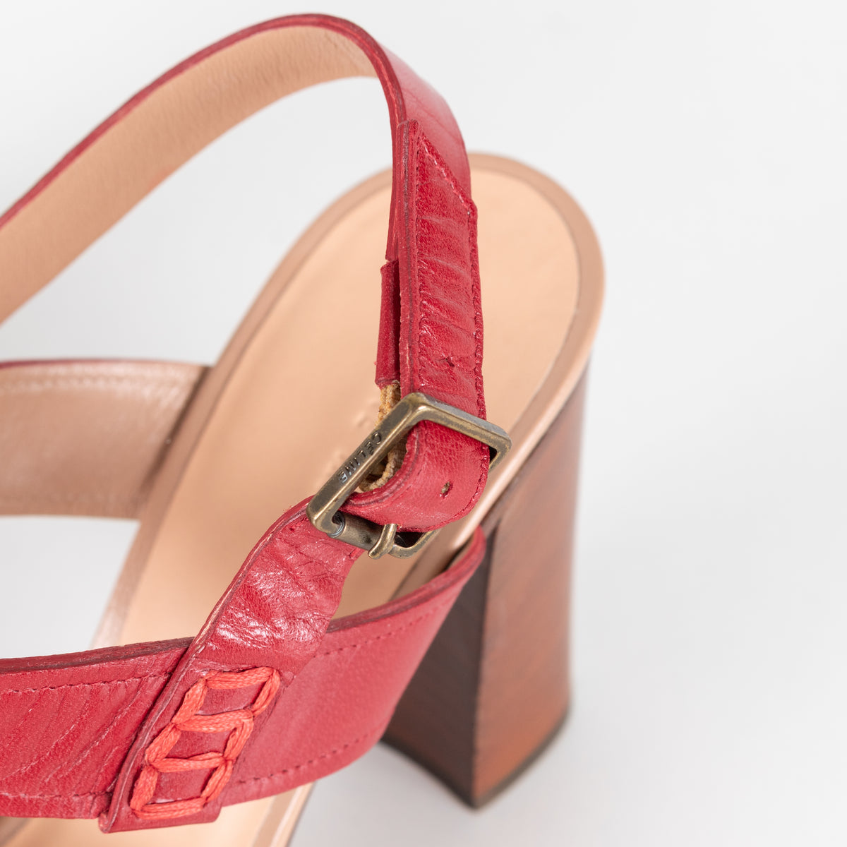 Céline Red Leather & Wood Strappy Horsebit Block Heels